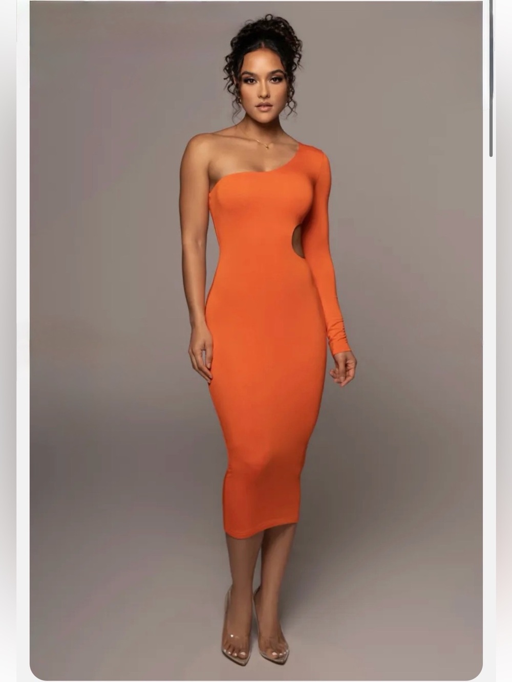 JLUXLABEL One-Shoulder Orange Midi Dress with Side Cutout